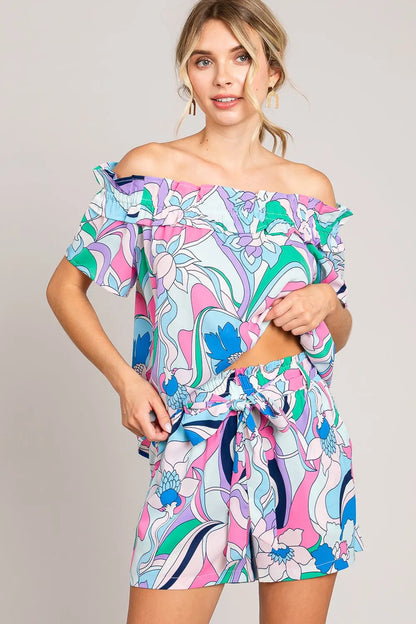 Cotton Bleu by Nu Label Abstracted Print Tie Front Shorts.