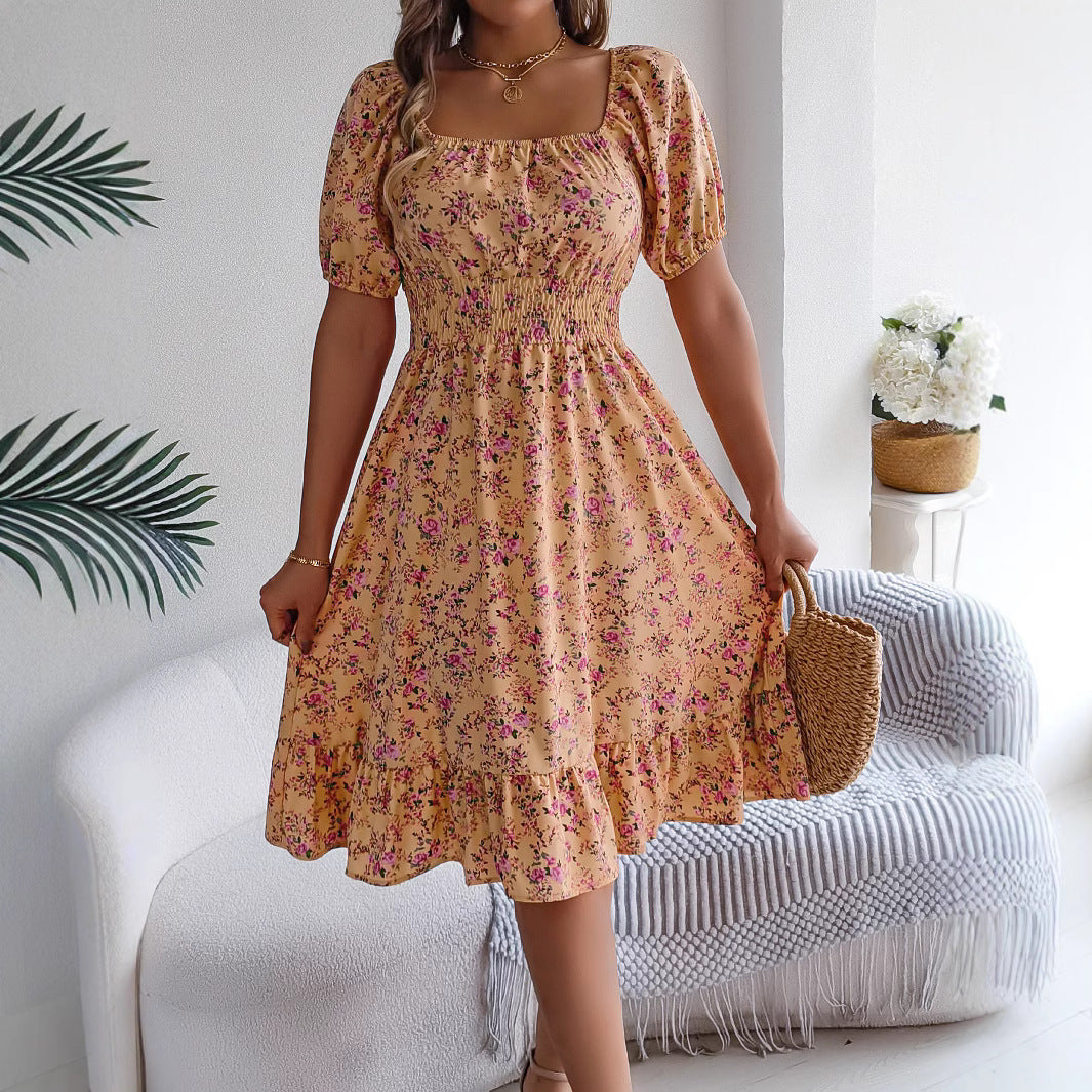 Floral Print Square Collar Dress Summer Fashion Ruffles Dresses Women's Clothing - World Bazaar Life