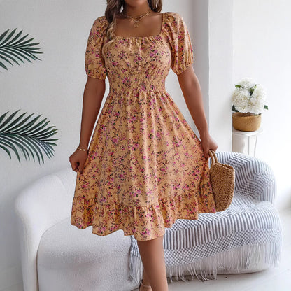 Floral Print Square Collar Dress Summer Fashion Ruffles Dresses Women's Clothing - World Bazaar Life