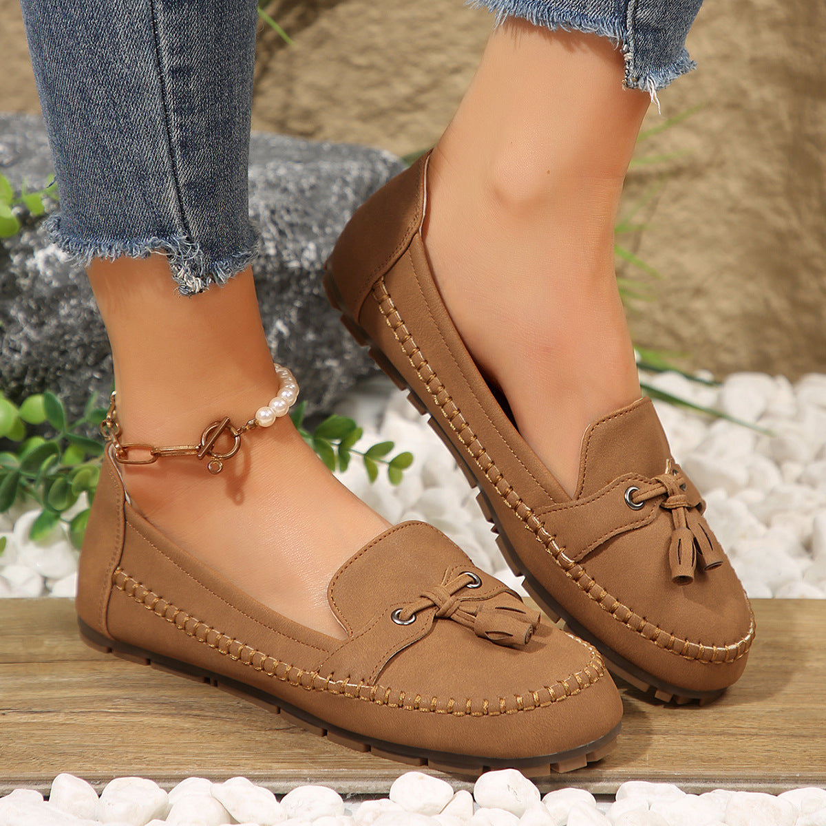 Women's Round Head Loafers Fashion Non-slip Soft Comfortable Flats Shoes-World Bazaar Life