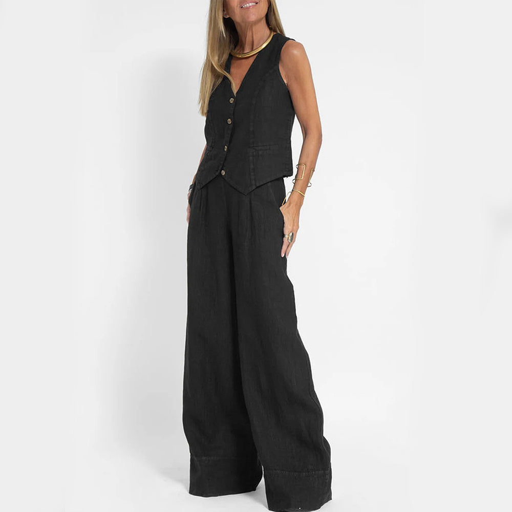 Summer Vest Suits V-neck Botton Sleeveless Top And Loose Straight Trousers Casual Womens Clothing-World Bazaar Life