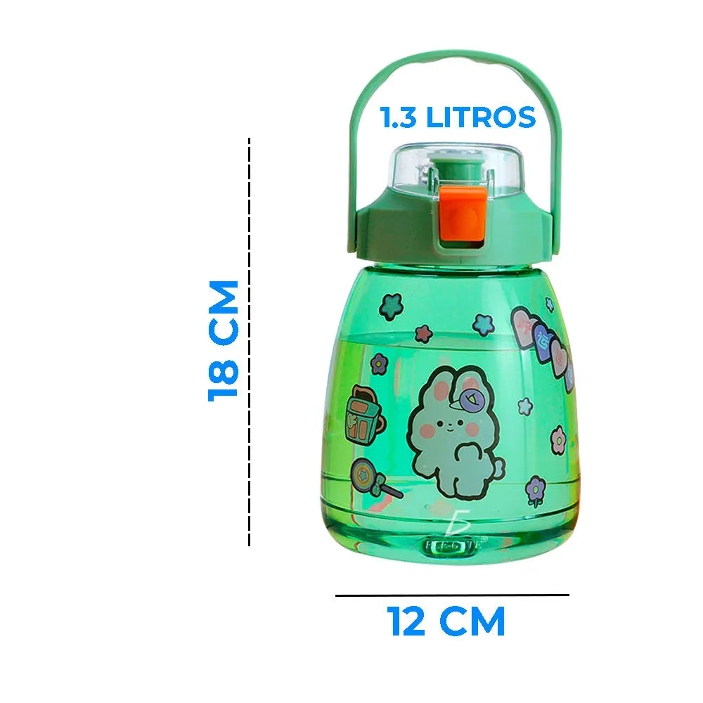 Sports Bottle with Motivational Measuring Cup with Stickers Straw Lid Strap 1.3 Liters
