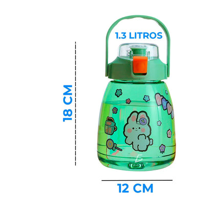 Sports Bottle with Motivational Measuring Cup with Stickers Straw Lid Strap 1.3 Liters