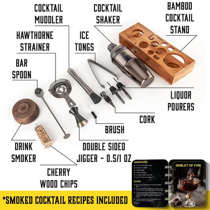 UD_Bartender Kit with Whiskey Smoker  13 pcs Bamboo Stand  Bar Set with Cocktail Shaker Bartending Kit with Essential Bar Access