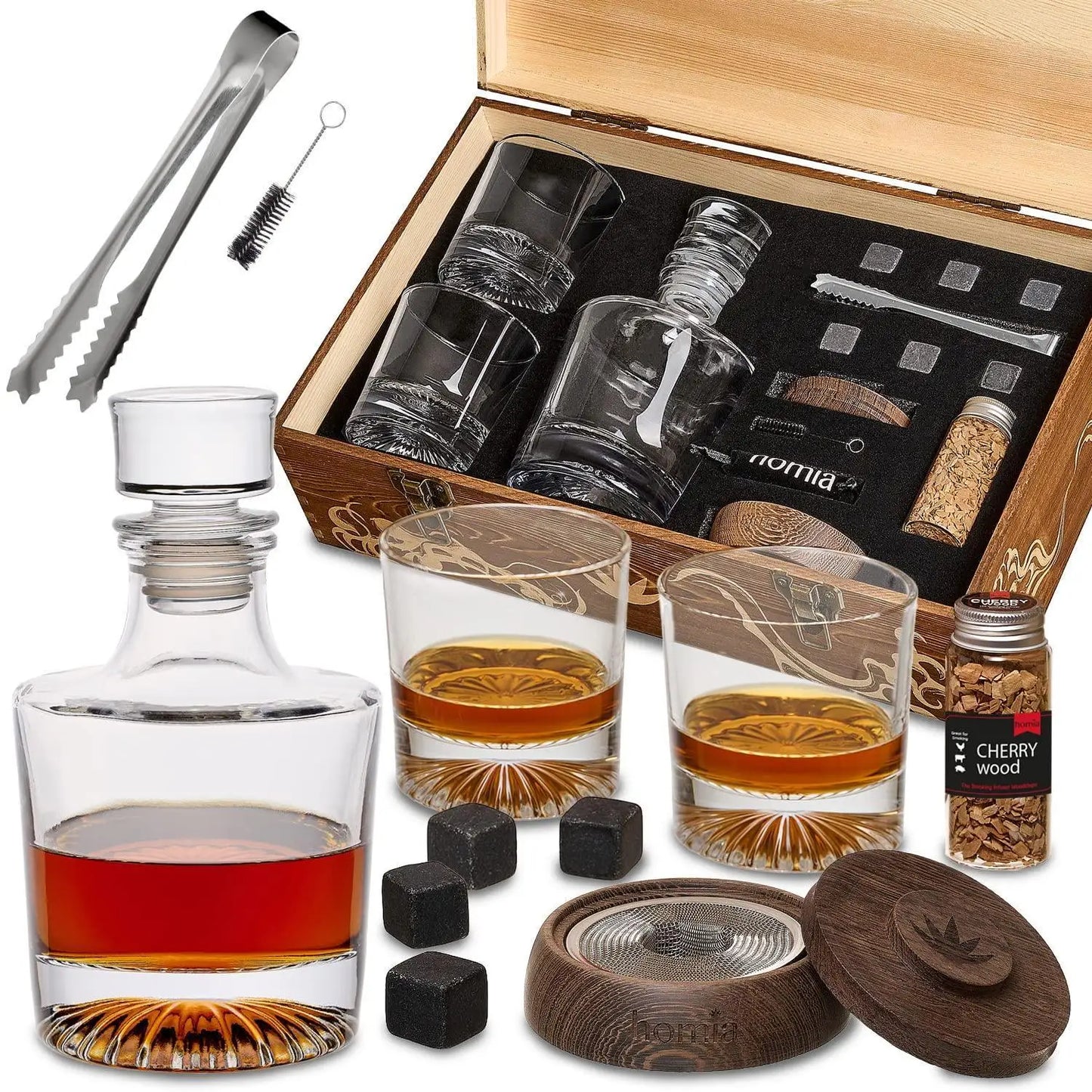 UD_homia Whiskey Gift Set 14 pcs  Whiskey Bottle and Old Fashioned Glasses  2 pcs Cocktail Smoker in Wodden Box with Wood Chips