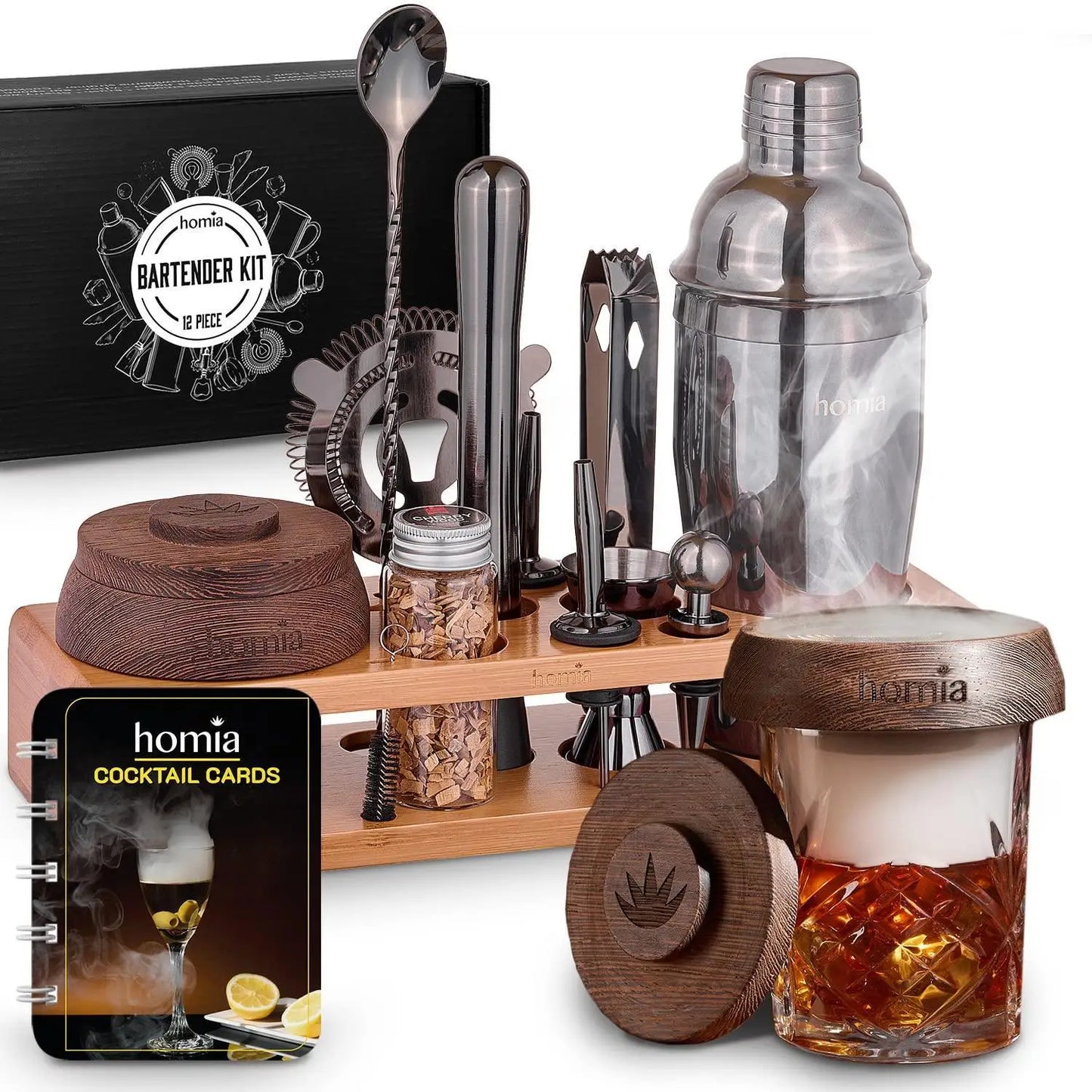 UD_Bartender Kit with Whiskey Smoker  13 pcs Bamboo Stand  Bar Set with Cocktail Shaker Bartending Kit with Essential Bar Access