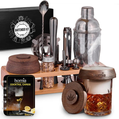 UD_Bartender Kit with Whiskey Smoker  13 pcs Bamboo Stand  Bar Set with Cocktail Shaker Bartending Kit with Essential Bar Access