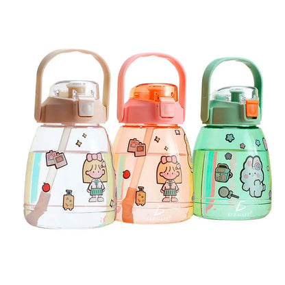 Sports Bottle with Motivational Measuring Cup with Stickers Straw Lid Strap 1.3 Liters