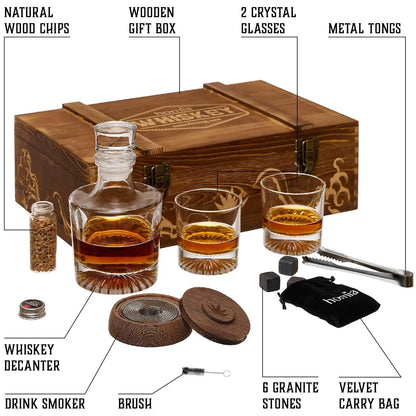 UD_homia Whiskey Gift Set 14 pcs  Whiskey Bottle and Old Fashioned Glasses  2 pcs Cocktail Smoker in Wodden Box with Wood Chips