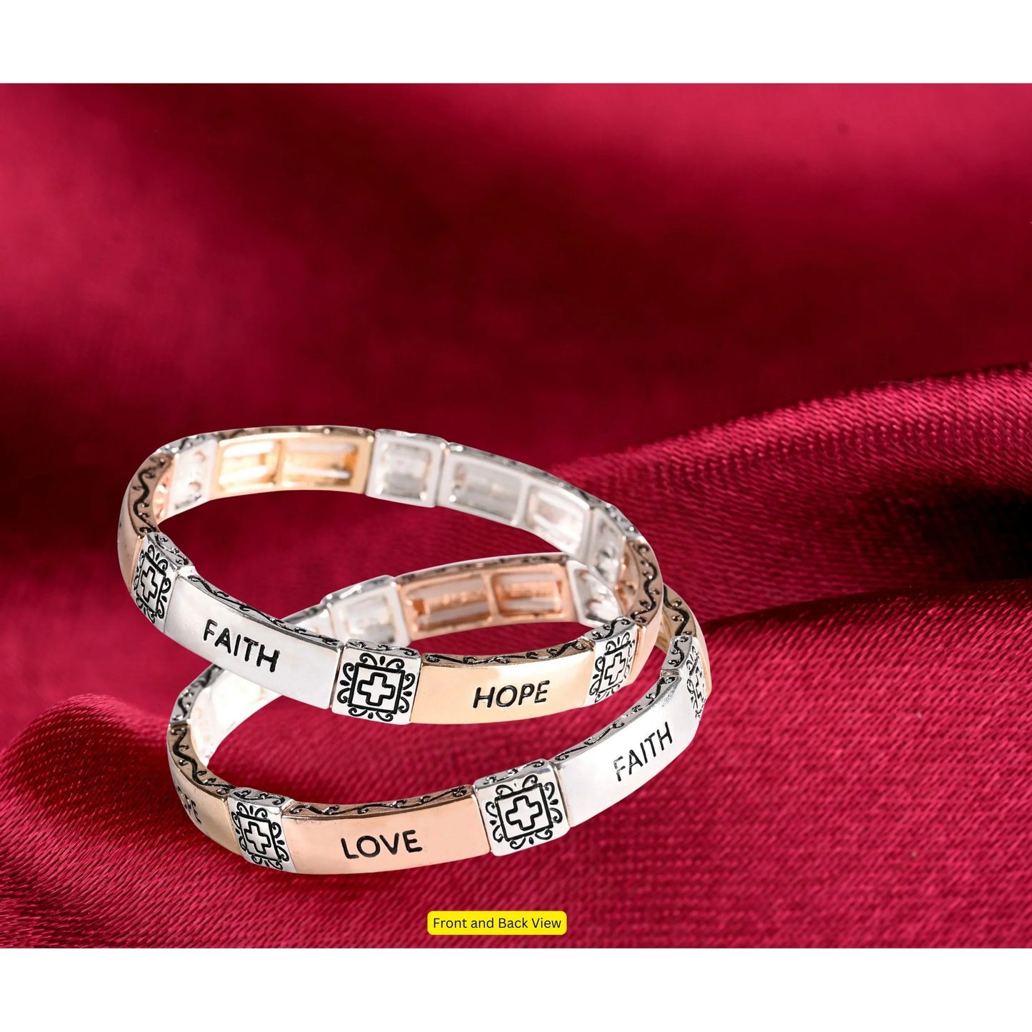 TD Stainless Steel Charm Bracelet Faith Hope Love Tile Stretch Trendy Bangles with Faith Hope Love Motif