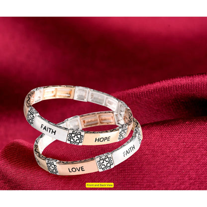 TD Stainless Steel Charm Bracelet Faith Hope Love Tile Stretch Trendy Bangles with Faith Hope Love Motif