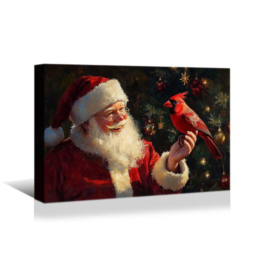 Christmas Canvas Wall Art: Santa Claus with Red Cardinal Bird, Festive Tree Background Perfect for Holiday Xmas Decoration