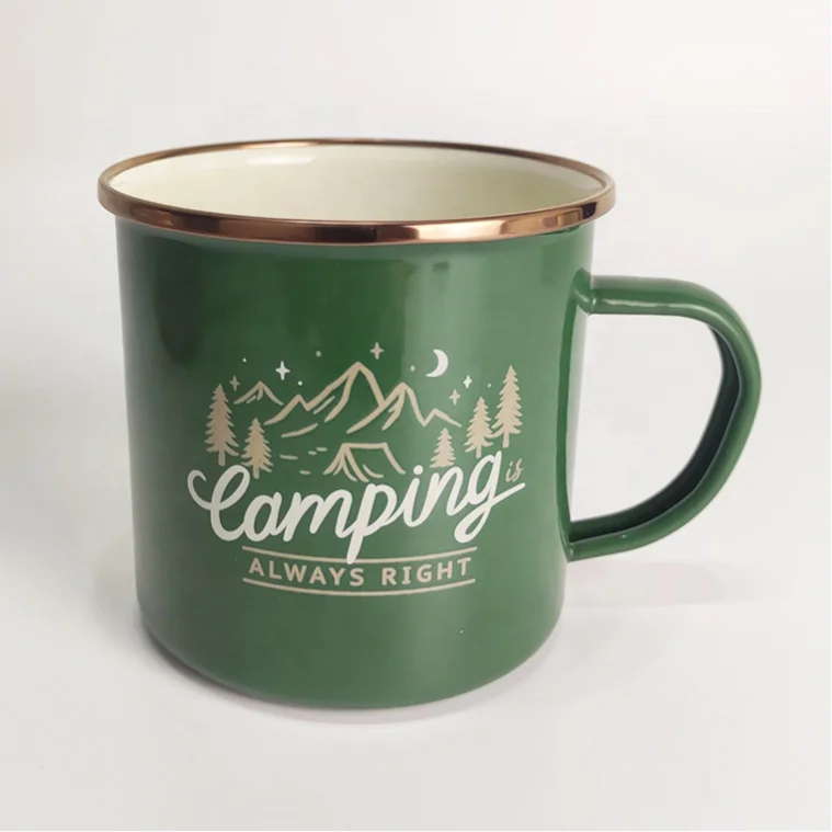 Camping Mug Enamel Green White Couple of Set Golden SS304 Rim Heated Coffee Mug Custom Outdoor Enamel Camping Mug