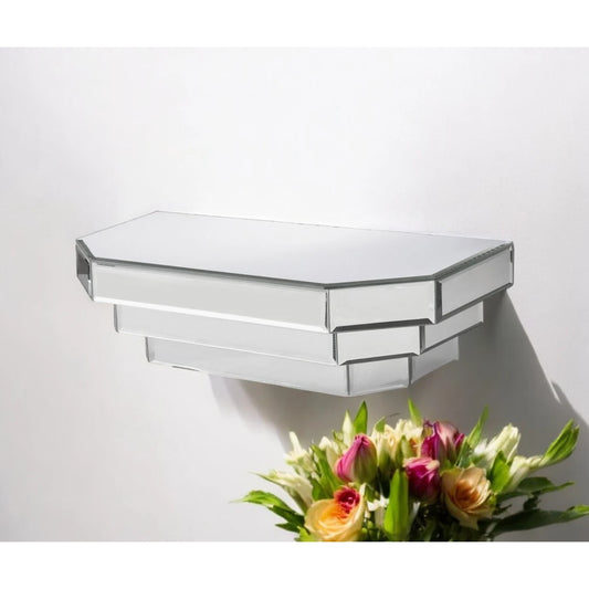 16\" Silver Mirrored Glass Hanging Dimensional Floating Shelf for Living Room Furniture