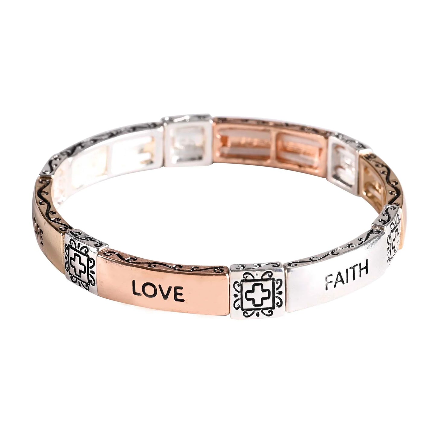 TD Stainless Steel Charm Bracelet Faith Hope Love Tile Stretch Trendy Bangles with Faith Hope Love Motif