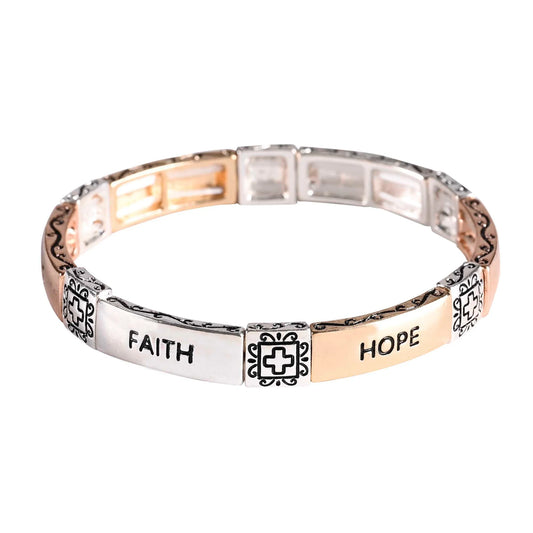 TD Stainless Steel Charm Bracelet Faith Hope Love Tile Stretch Trendy Bangles with Faith Hope Love Motif
