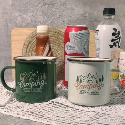 Camping Mug Enamel Green White Couple of Set Golden SS304 Rim Heated Coffee Mug Custom Outdoor Enamel Camping Mug