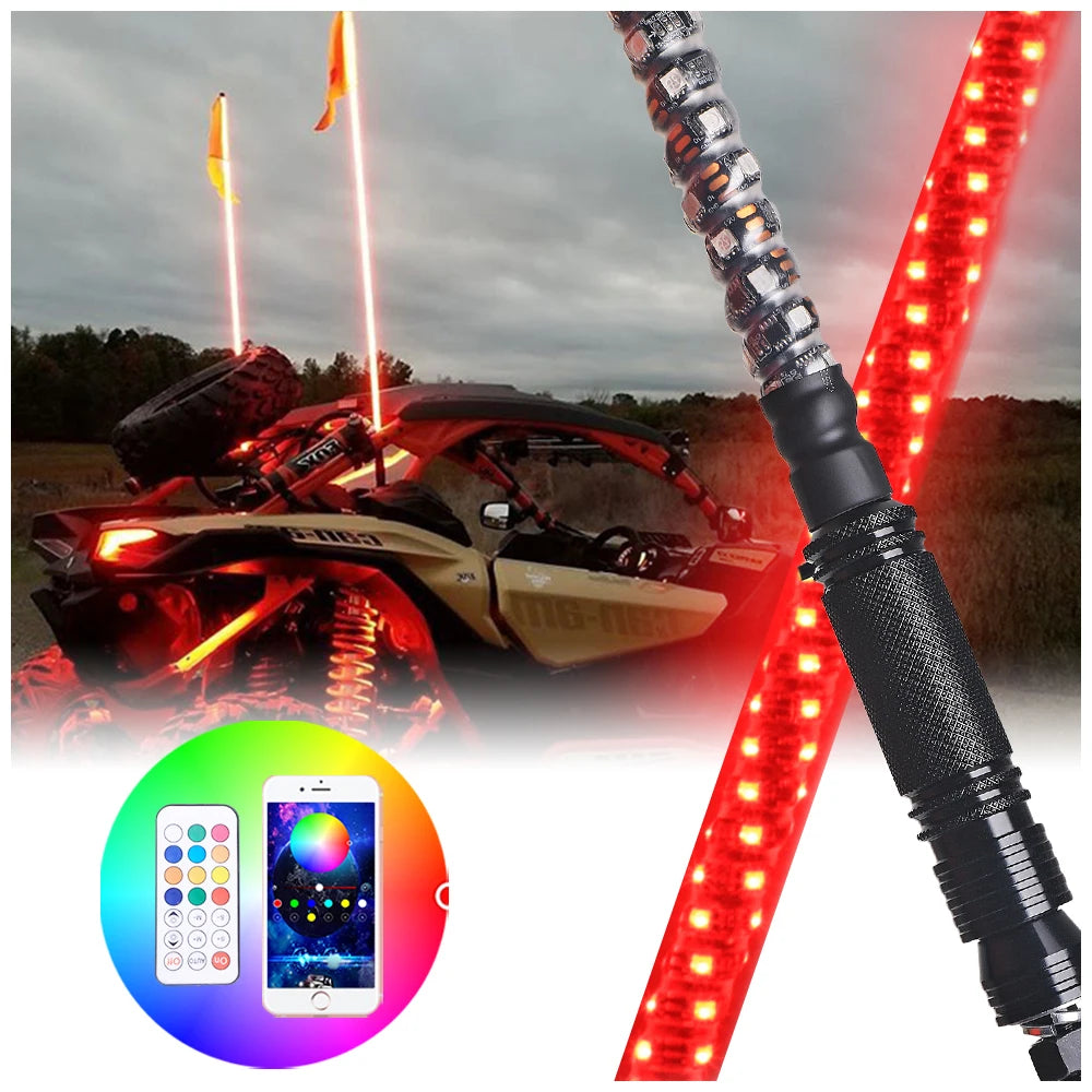 RGB 360° Spiral LED Whip Light for ATV/UTV – IP67, Bluetooth