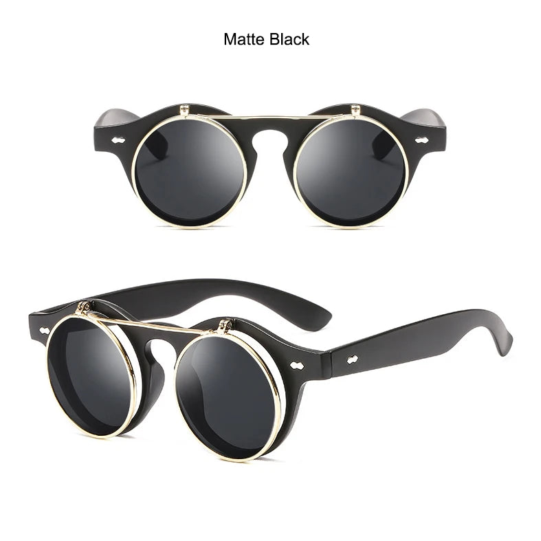 Psacss Round Steampunk Sunglasses Women Men Flip Lens Vintage Brand Designer Women's Retro Sun Glasses UV400 gafas de sol mujer