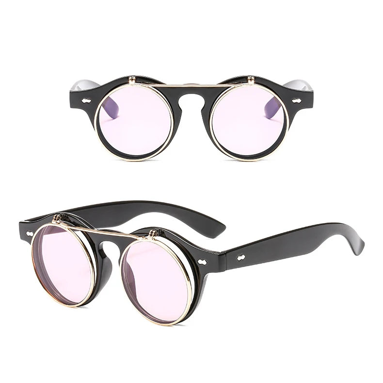 Psacss Round Steampunk Sunglasses Women Men Flip Lens Vintage Brand Designer Women's Retro Sun Glasses UV400 gafas de sol mujer