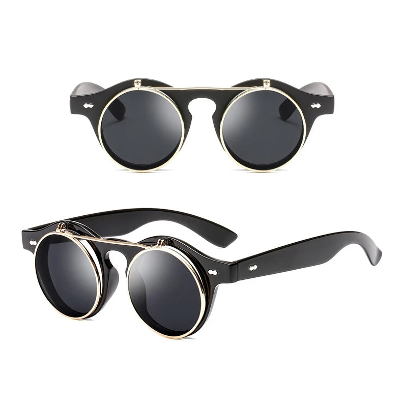 Psacss Round Steampunk Sunglasses Women Men Flip Lens Vintage Brand Designer Women's Retro Sun Glasses UV400 gafas de sol mujer