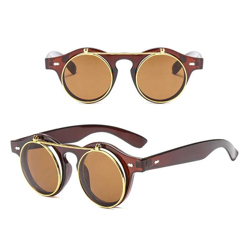 Psacss Round Steampunk Sunglasses Women Men Flip Lens Vintage Brand Designer Women's Retro Sun Glasses UV400 gafas de sol mujer