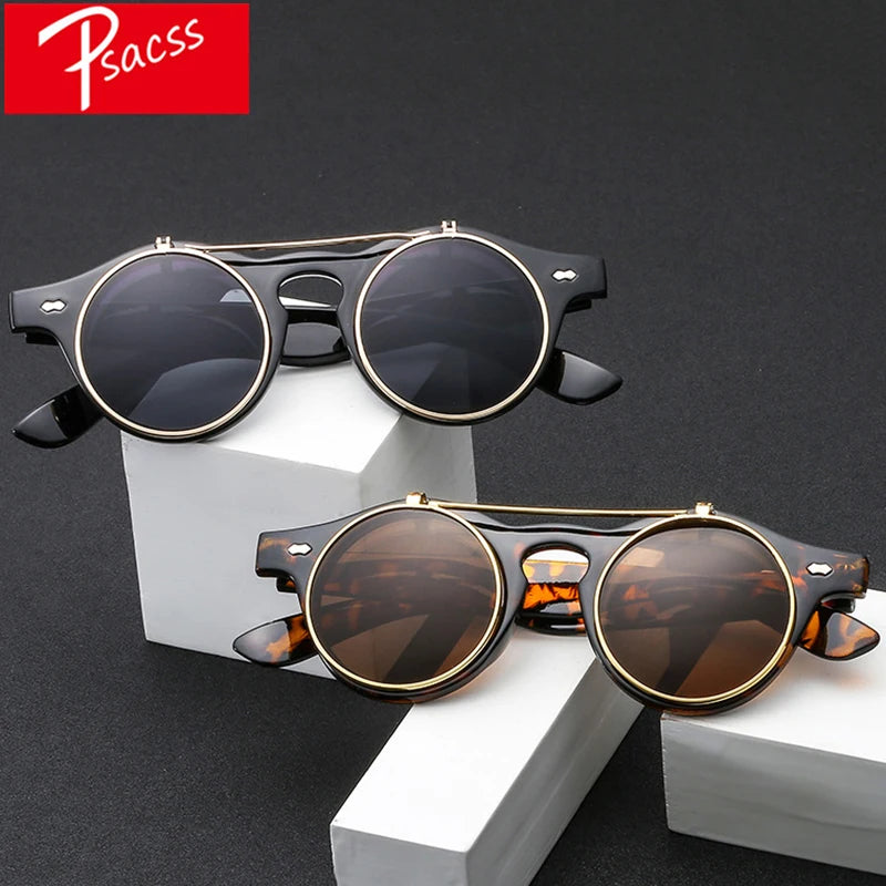 Psacss Round Steampunk Sunglasses Women Men Flip Lens Vintage Brand Designer Women's Retro Sun Glasses UV400 gafas de sol mujer