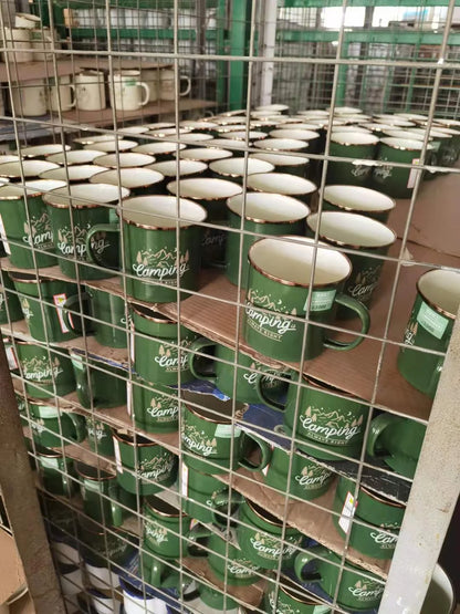 Camping Mug Enamel Green White Couple of Set Golden SS304 Rim Heated Coffee Mug Custom Outdoor Enamel Camping Mug