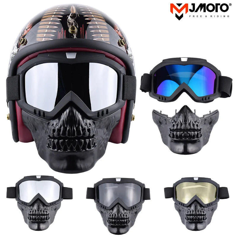 Motorcycle Face Mask Skull Open Face Helmet Mask Anti-UV Dust Helmets Goggles Vintage Mask Men Balaclava Winter Ski Face Shield