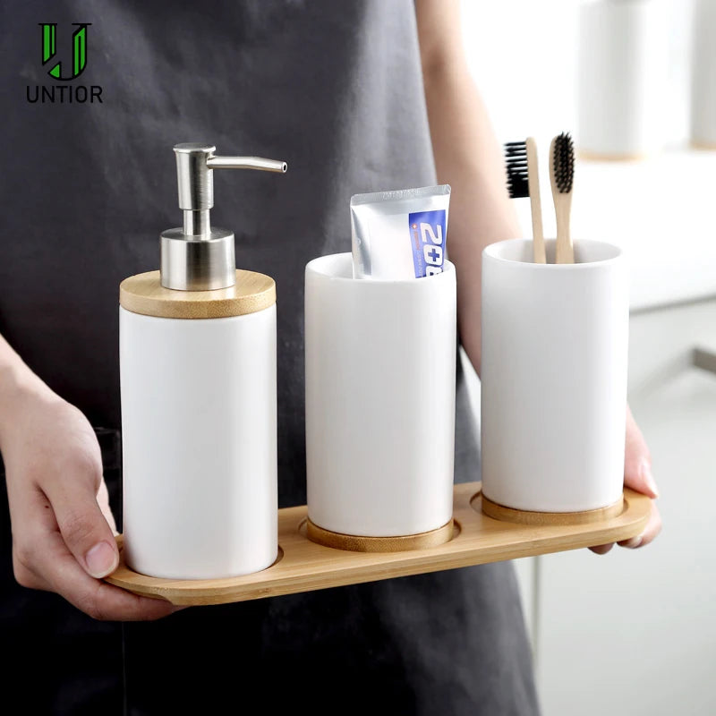 UNTIOR 3PCS Ceramic Bathroom Accessories Set Fashion Soap Dispenser Toothbrush Holder Tumbler Ceramic Household Bathroom Product-World Bazaar Life