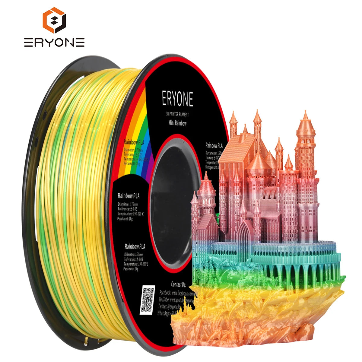 ERYONE Mini Rainbow PLA Filament 1KG - 1.75mm, ±0.03mm Tolerance, Top-Rated 3D Printing Material for All Printers