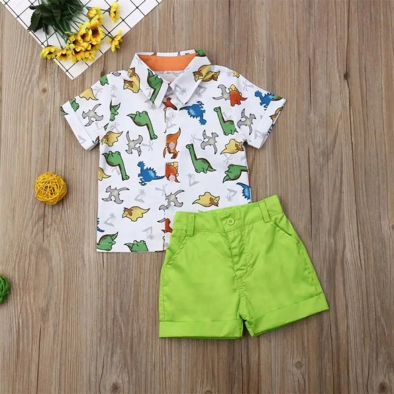 Toddler Baby Boy Clothes Summer Set Multi Dinosaur Print Shirt Tops Short Pants Casual Clothes 2Pcs Outfits-World Bazaar Life