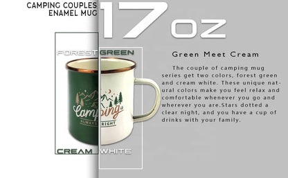Camping Mug Enamel Green White Couple of Set Golden SS304 Rim Heated Coffee Mug Custom Outdoor Enamel Camping Mug