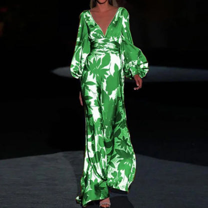 Long Dress Women's Loose V Neck Evening Dress Print Sexy Casual Elegant Holiday Party Loose Autumn Long Dress 2024 Fall