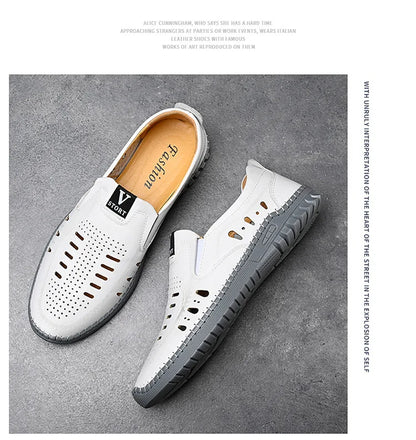 Leather Men's Shoes Thick Soles Breathable Hollow Out Casual Shoes Outdoor Men's Sports Shoes Loafers Shoes Slip On - World Bazaar Life