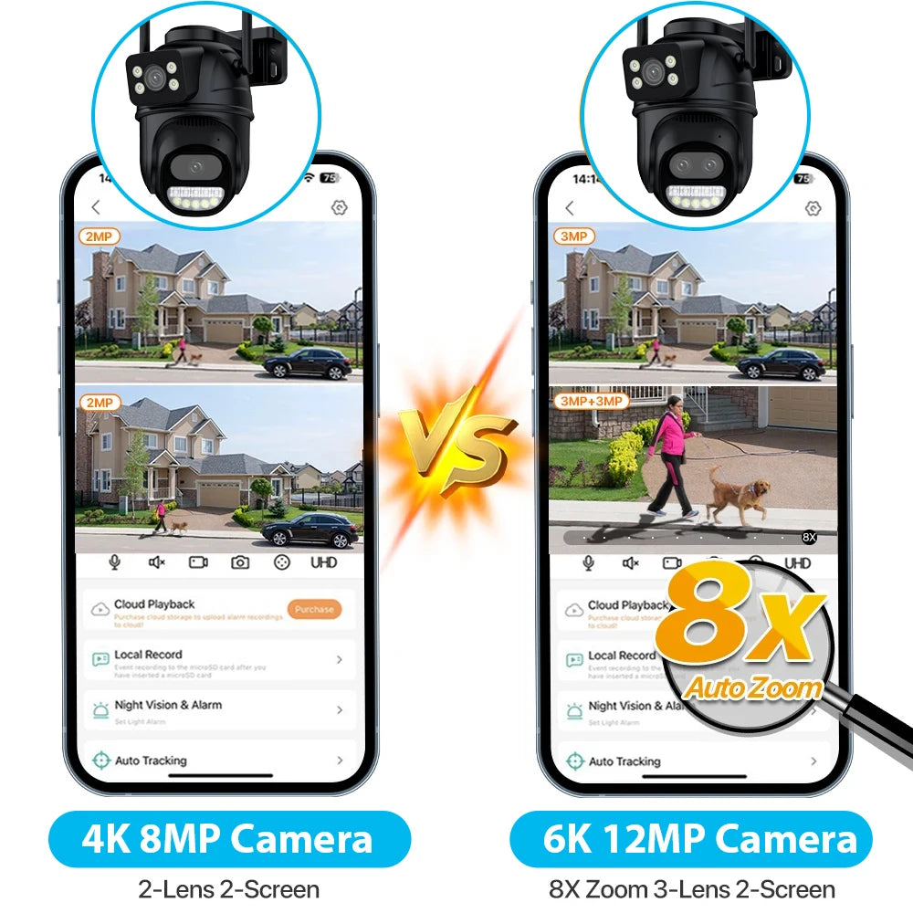 6K 12MP Outdoor Wifi Camera PTZ 8X Optical Zoom Three Lens Dual Screens Video Surveillance 8MP Dual Lens CCTV Security IP Camera-World Bazaar Life
