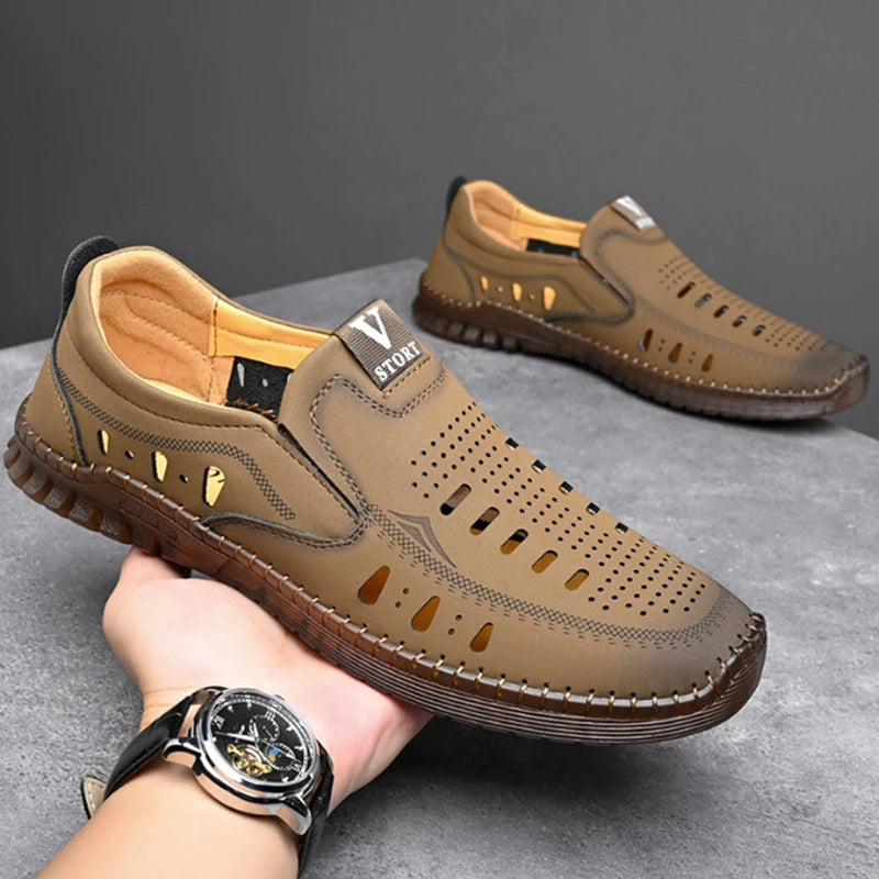 Leather Men's Shoes Thick Soles Breathable Hollow Out Casual Shoes Outdoor Men's Sports Shoes Loafers Shoes Slip On - World Bazaar Life