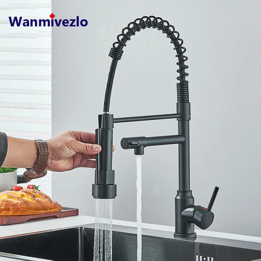 Black Kitchen Sink Faucet Pull Down Hot and Cold Water Mixer2 Mode Tap with Dual Spout 360 Rotation Flexible Deck Mounted - World Bazaar Life