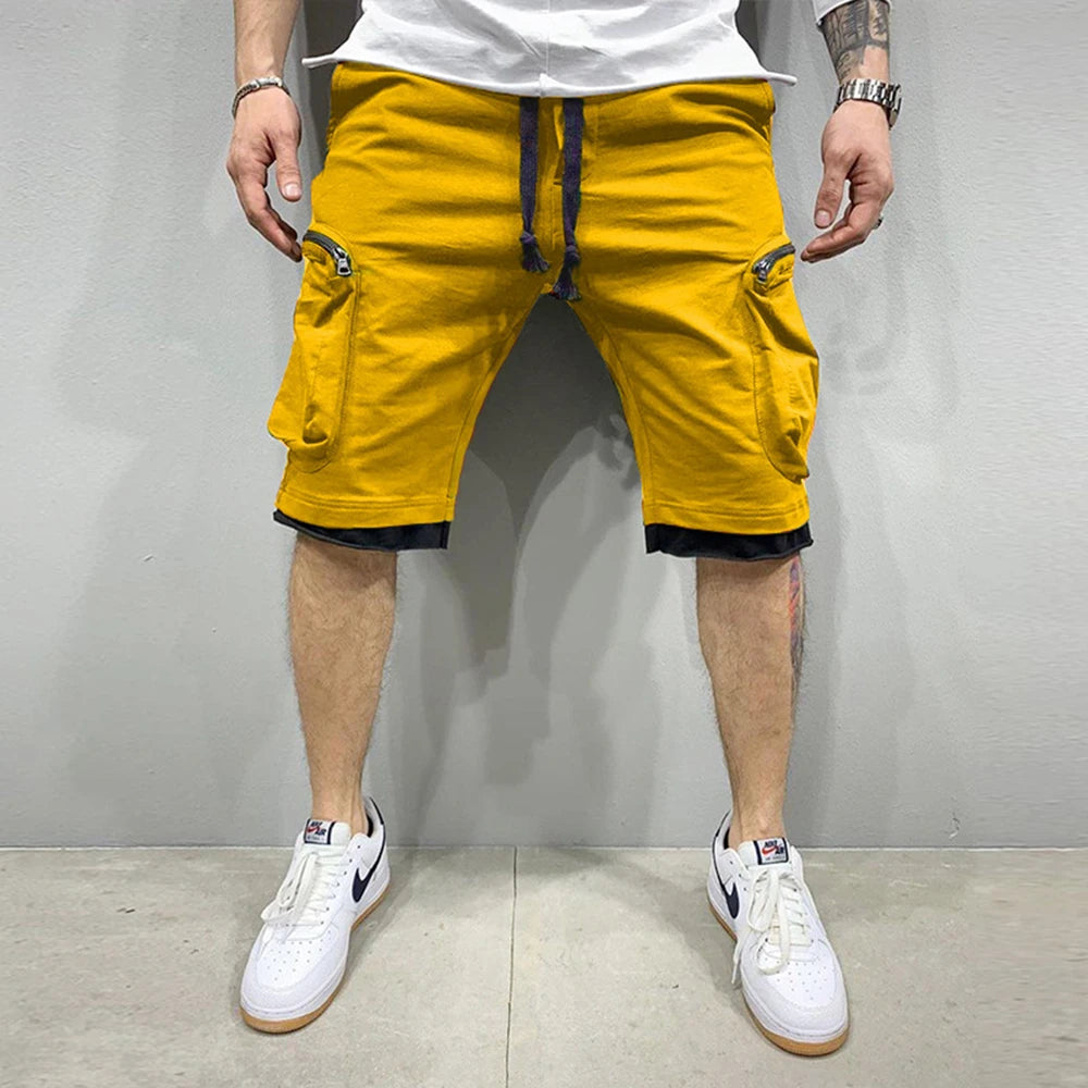 Mens Summer Cargo Shorts Cotton Workout Fitness Shorts Breathable Jogger Training Gyms Bodybuilding Multi Pocket Yellow Shorts - World Bazaar Life
