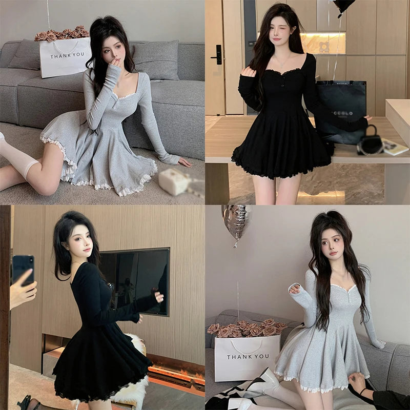 Women Sexy Korean Dress French Style Waist Closed Long Sleeve Collarbone Exposed Sweet-World Bazaar Life