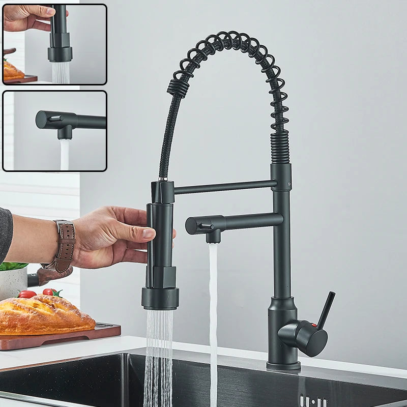 Black Kitchen Sink Faucet Pull Down Hot and Cold Water Mixer2 Mode Tap with Dual Spout 360 Rotation Flexible Deck Mounted - World Bazaar Life