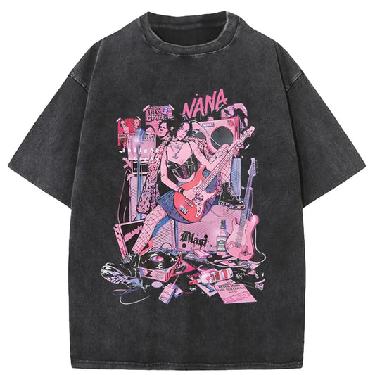 Japanese Anime Nana Osaki Print Vintage Washed Tshirt Harajuku Streetwear Graphic T-Shirt Summer Cotton Oversized T shirt