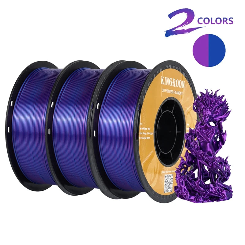 KINGROON Dual-color Silk PLA Filament 1.75mm 2 Color Coextrusion Glossy 3D Printer Filament PLA, 3kg/pack 1kg each spool - World Bazaar Life