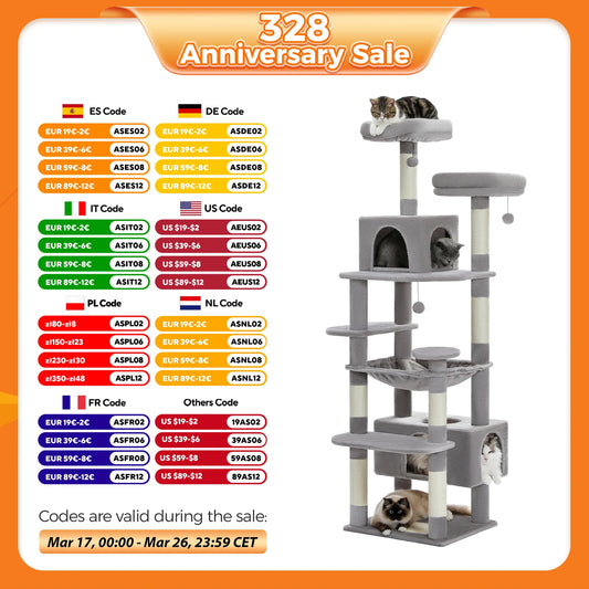 184cm Large Cat Tree with Scratching Posts, Hammocks, Perches & Condos - World Bazaar Life