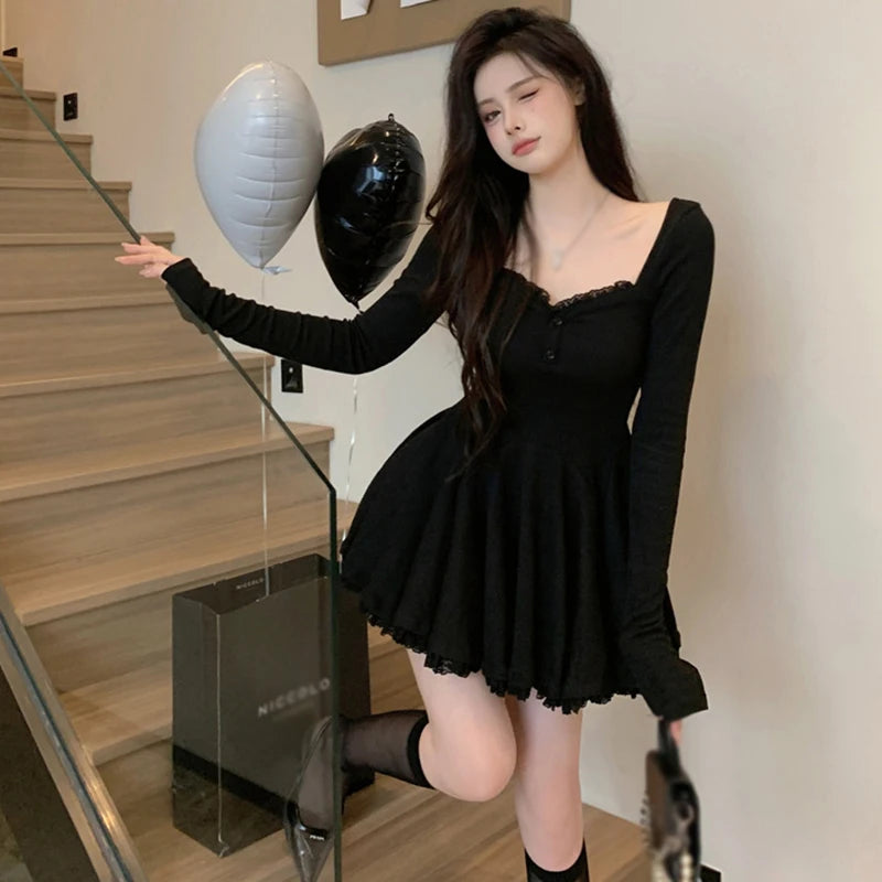 Women Sexy Korean Dress French Style Waist Closed Long Sleeve Collarbone Exposed Sweet-World Bazaar Life
