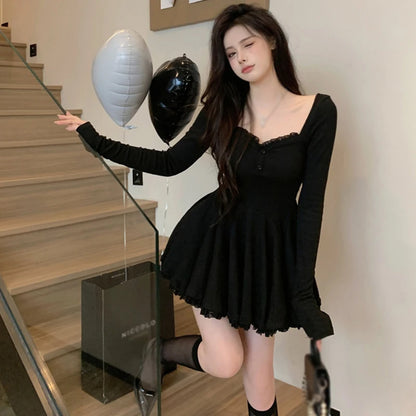 Women Sexy Korean Dress French Style Waist Closed Long Sleeve Collarbone Exposed Sweet-World Bazaar Life
