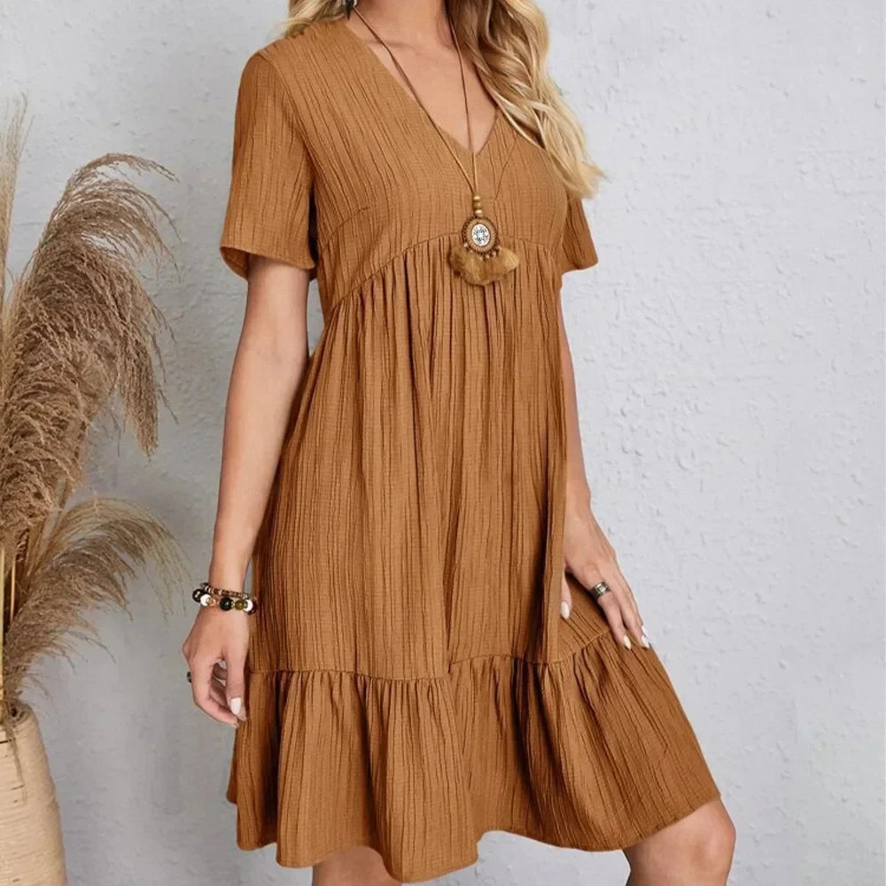 Women Summer Peplum Dresses Spring V-Neck Short Sleeve Loose Waist Ruffle Fit Flare Vocation Dresses-World Bazaar Life