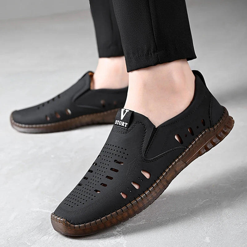 Leather Men's Shoes Thick Soles Breathable Hollow Out Casual Shoes Outdoor Men's Sports Shoes Loafers Shoes Slip On - World Bazaar Life