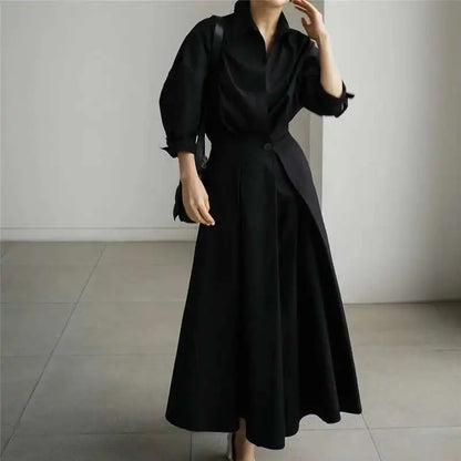 LANMREM Women's Clothing Long Dress Turn Down Collar With Button Pockets Loose Casual Dresses Female Streetwear Fashion 2C2019-World Bazaar Life