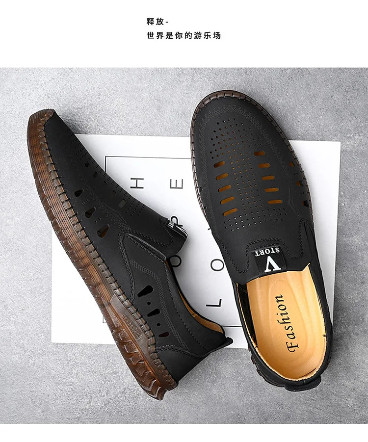 Leather Men's Shoes Thick Soles Breathable Hollow Out Casual Shoes Outdoor Men's Sports Shoes Loafers Shoes Slip On - World Bazaar Life